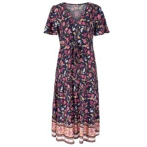 Floral Navy and Pink Short Sleeve Maxi Dress